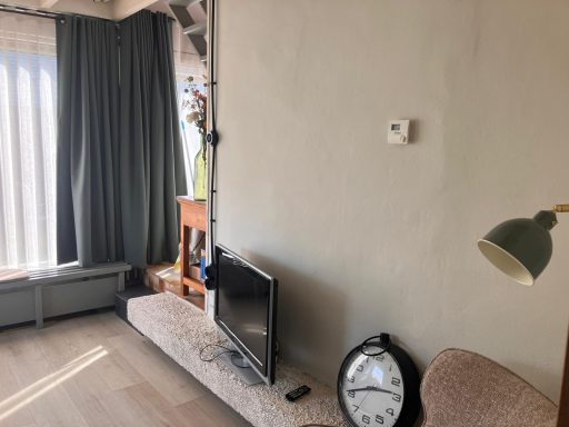 Woonkamer Woonkamer met tv, klok, lamp, planten en gordijnen.