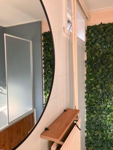 Badkamer Ronde spiegel weerspiegelt een muur met groene wand en een houten plank.