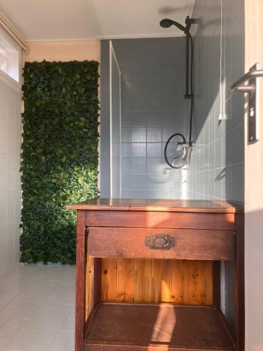 Badkamer Douchehoek met groene wand en houten tafel.